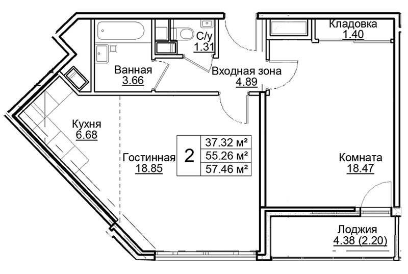 Двухкомнатная квартира (Евро) 55.2 м²